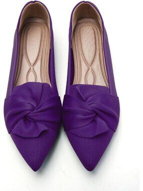 Women's Purple Bow Pointed Toe Pull On Comfortable Knit Dressy Ballet Flat Shoes